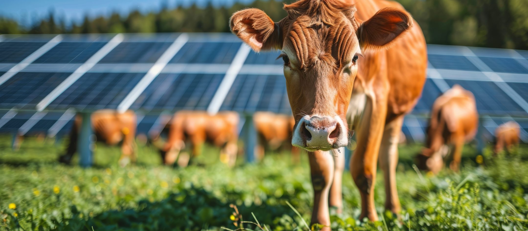 Cow Grazing in Field Near Solar Panels on Sunny Day