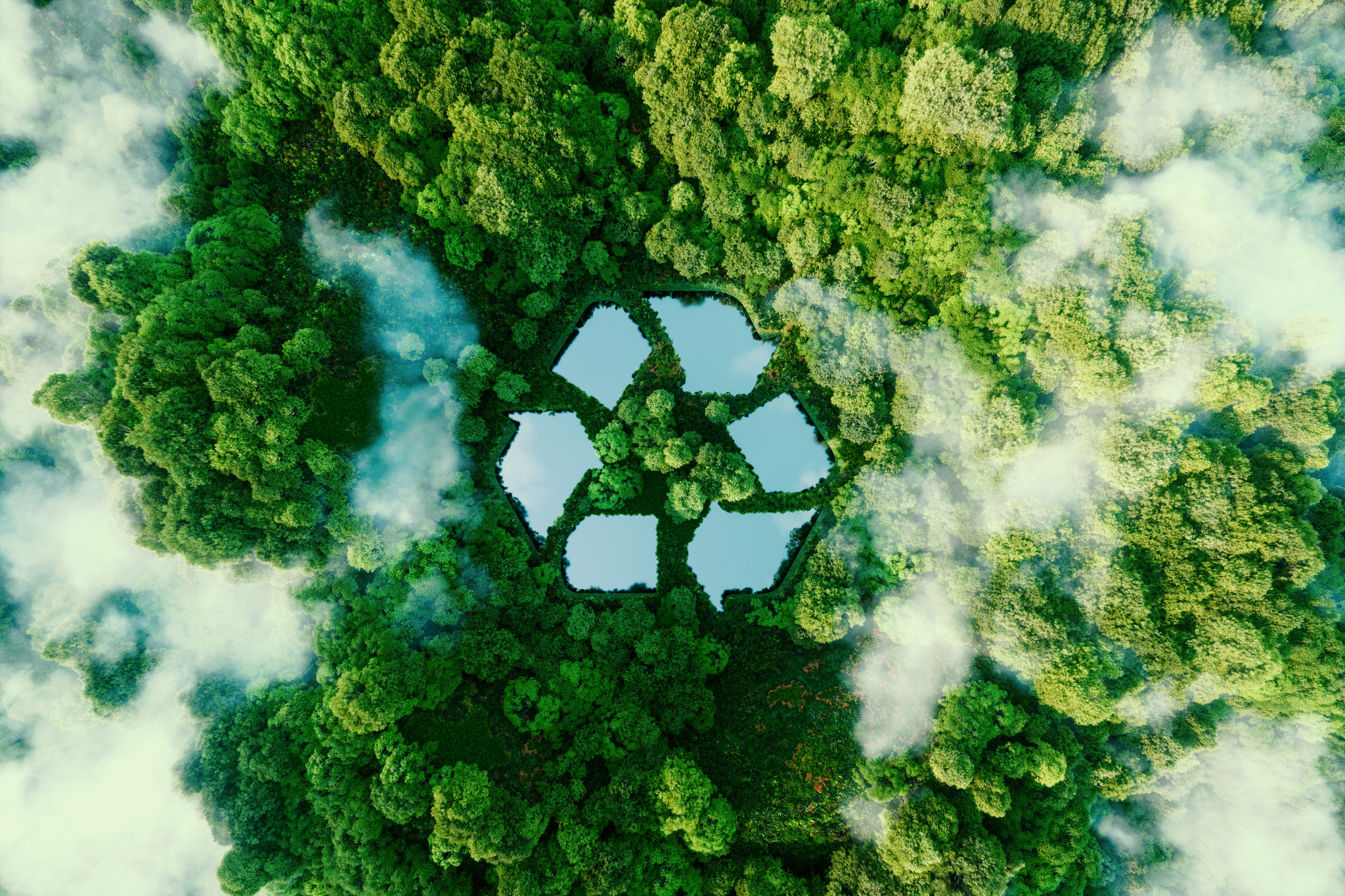 lake shape recycling sign middle untouched nature ecological metaphor ecological waste management sustainable economical lifestyle 3d rendering
