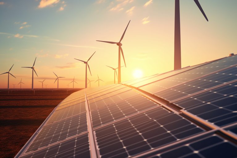 Solar panels and wind mills at sunset sustainable energy, eco environments