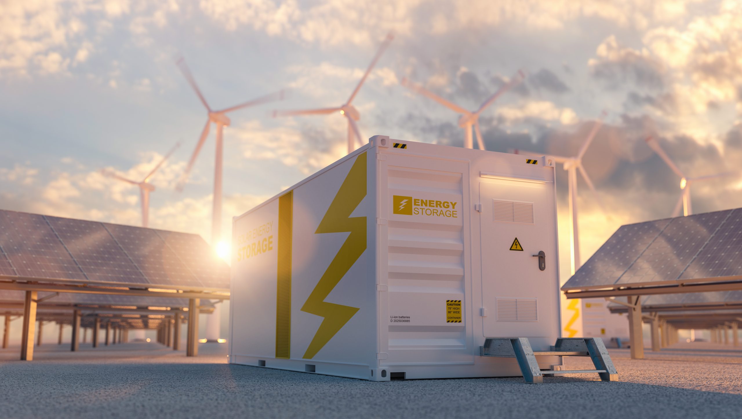 modern battery energy storage system with wind turbines and solar panel power plants